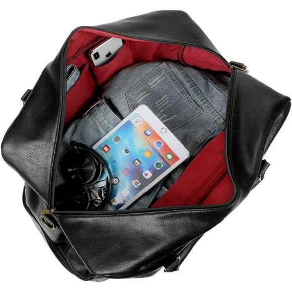 Leather Large Travel Duffel Tote Bag Carry On With Shoe Compartment (Black) - Picture 13 of 14